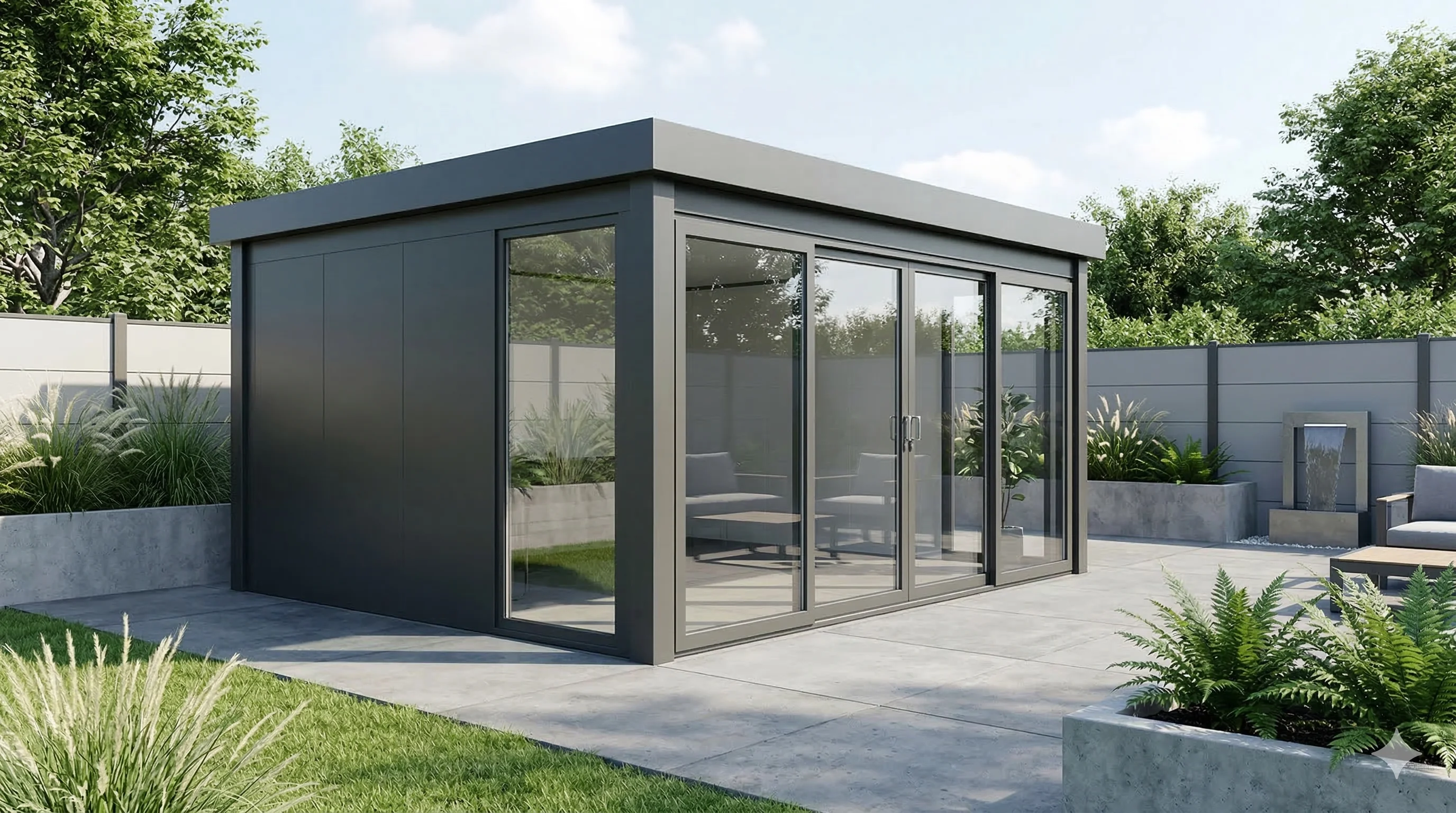 Abri de jardin en aluminium anthracite dans un jardin contemporain