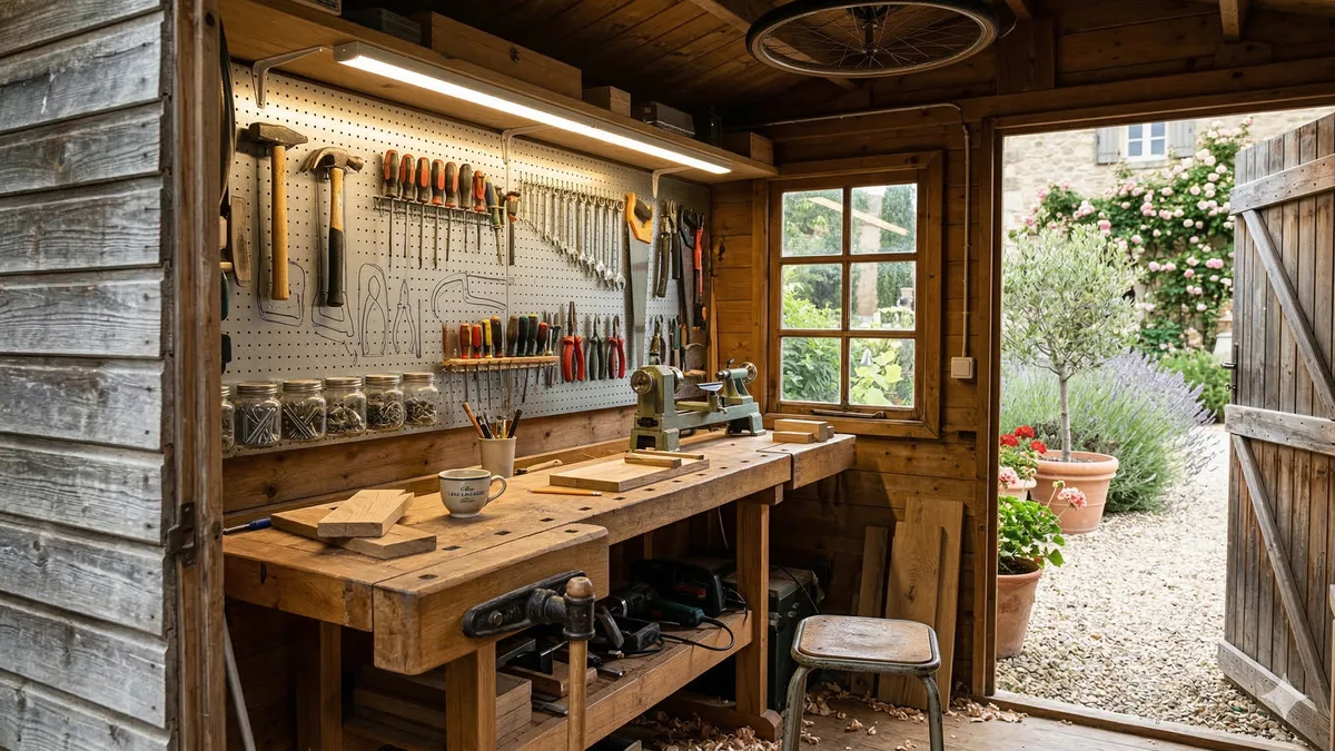 Abri de jardin aménagé en atelier avec établi, éclairage LED et outils organisés