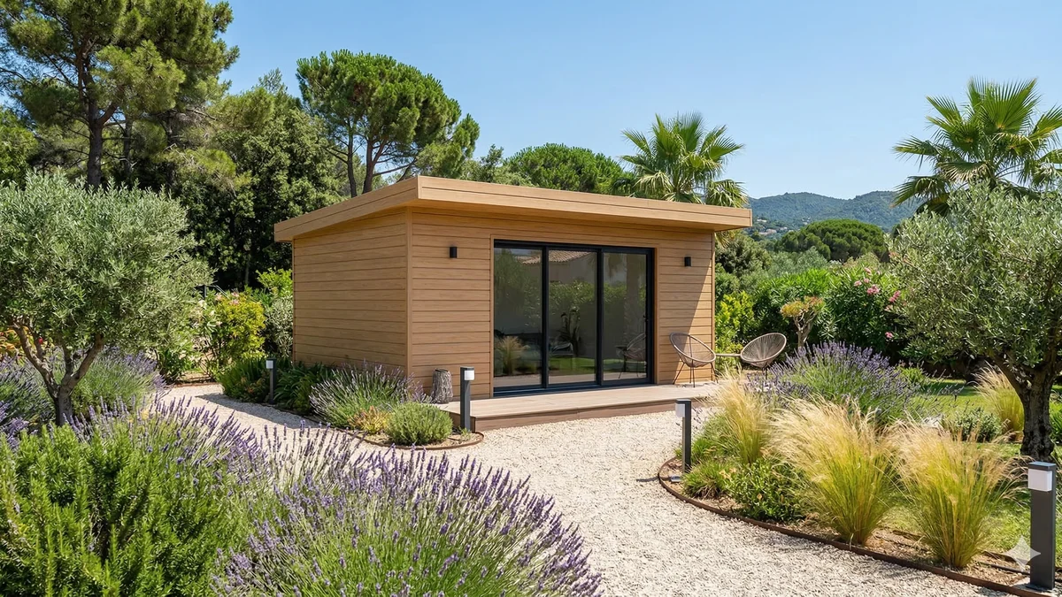 Abri de jardin en bois composite kit 2026 dans un jardin contemporain