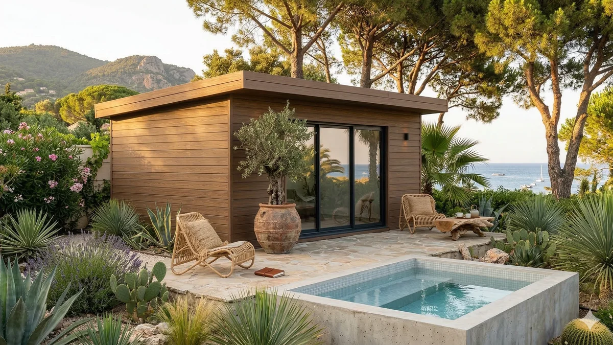 Abri de jardin en bois composite aspect bois naturel dans un jardin contemporain