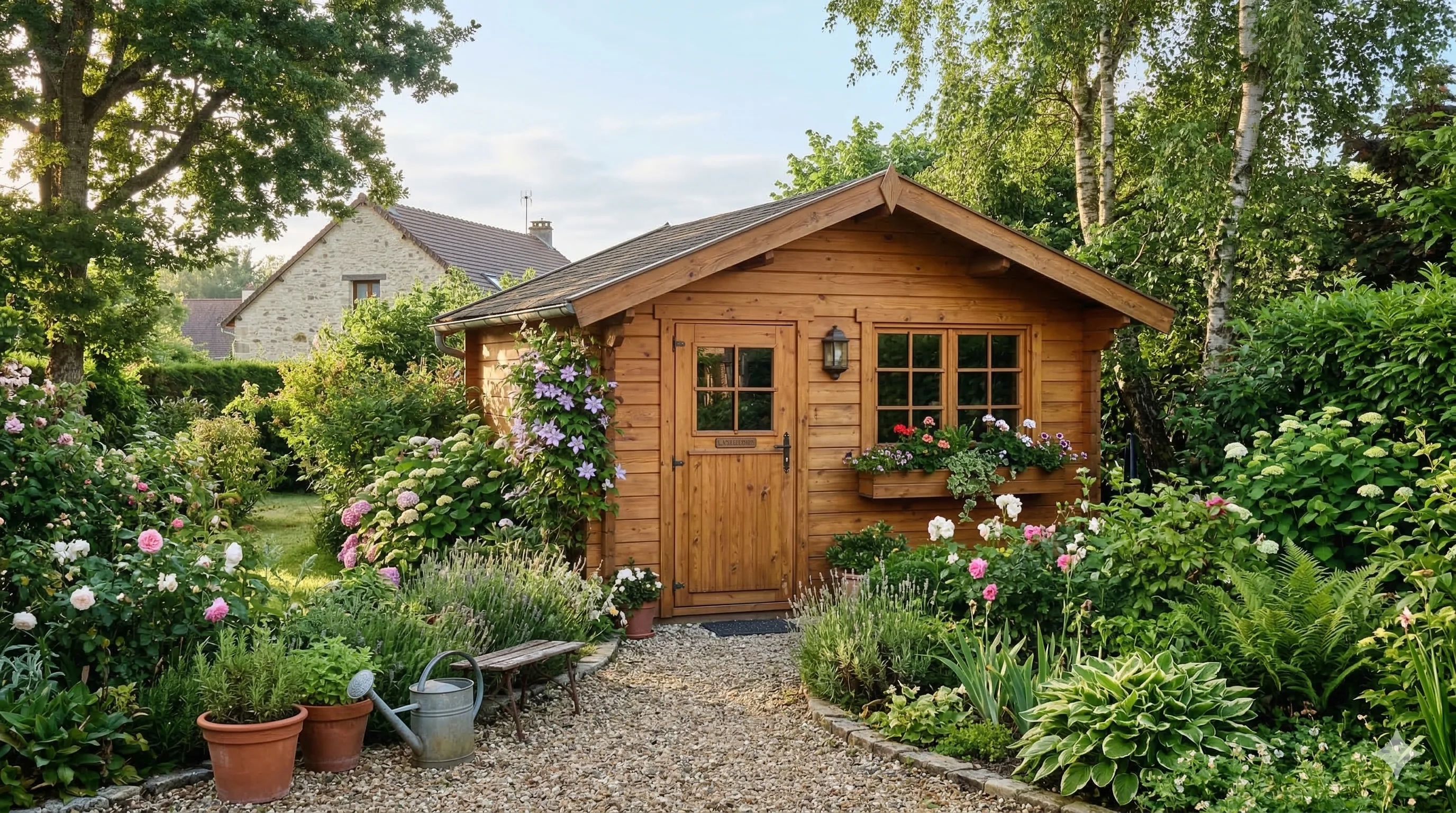 Abri de jardin en bois douglas dans un jardin verdoyant