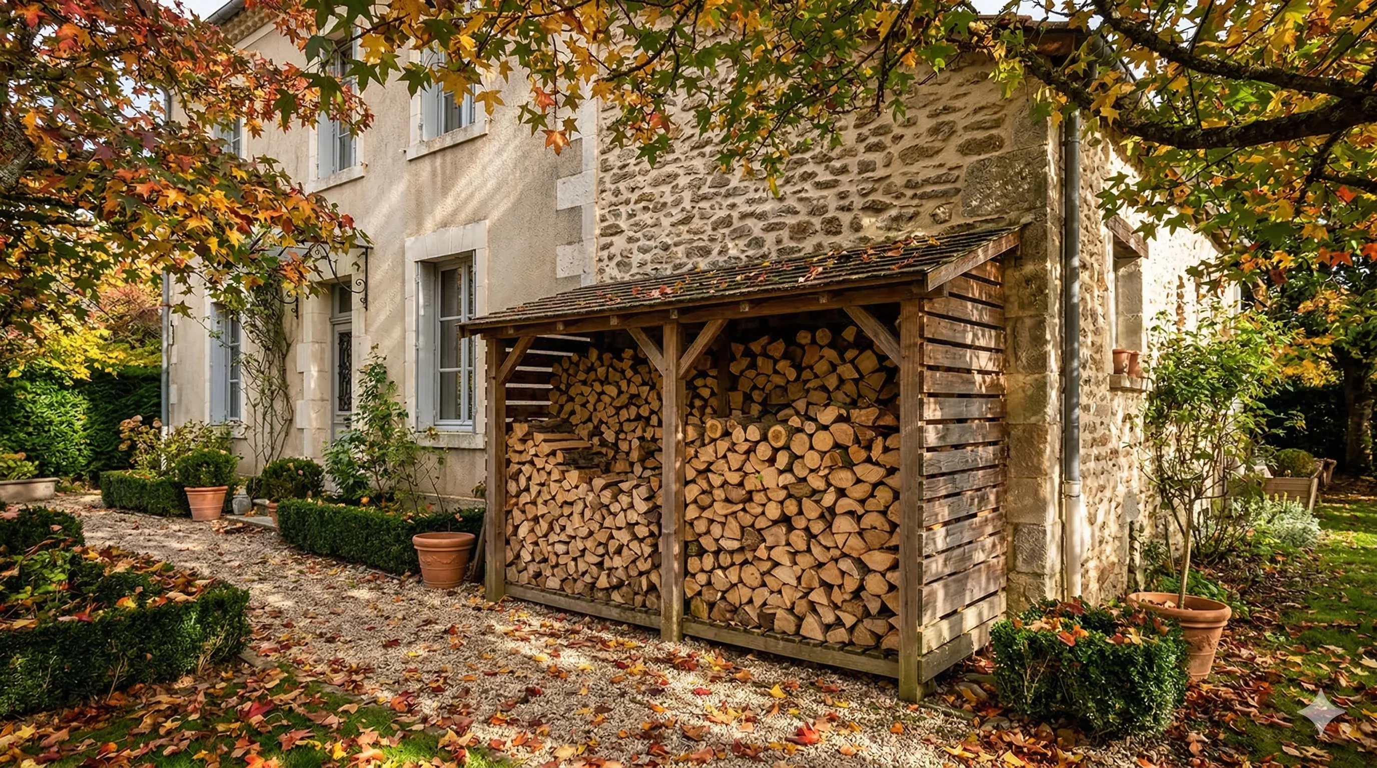Abri bûches en bois rempli de bois de chauffage dans un jardin