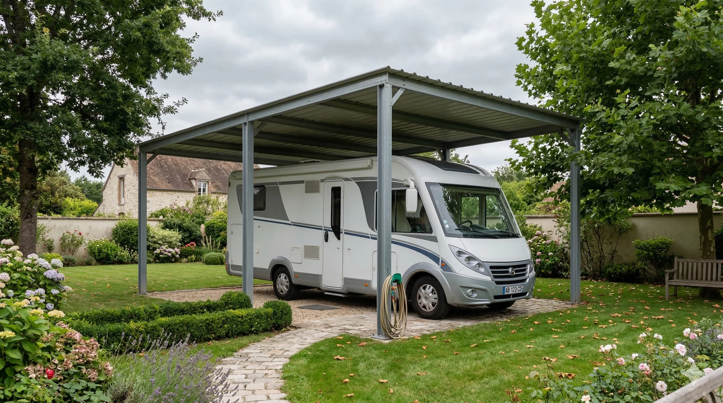 Camping-car protégé sous un grand carport métallique dans un jardin privatif
