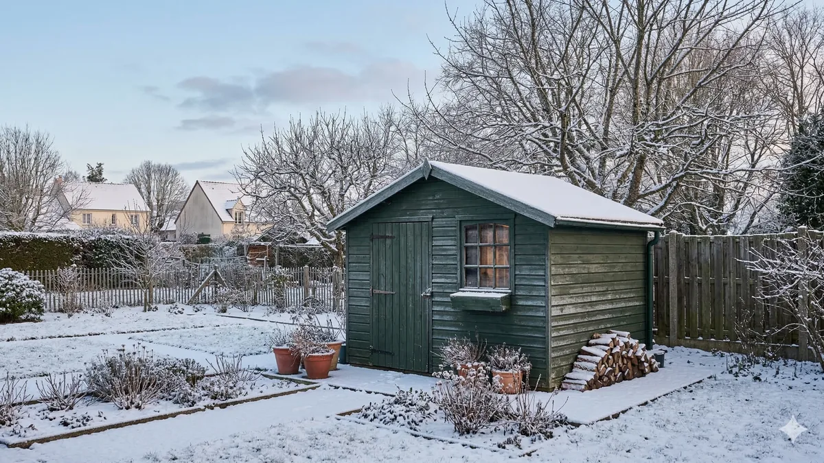 Abri de jardin enneigé en hiver dans un jardin résidentiel français