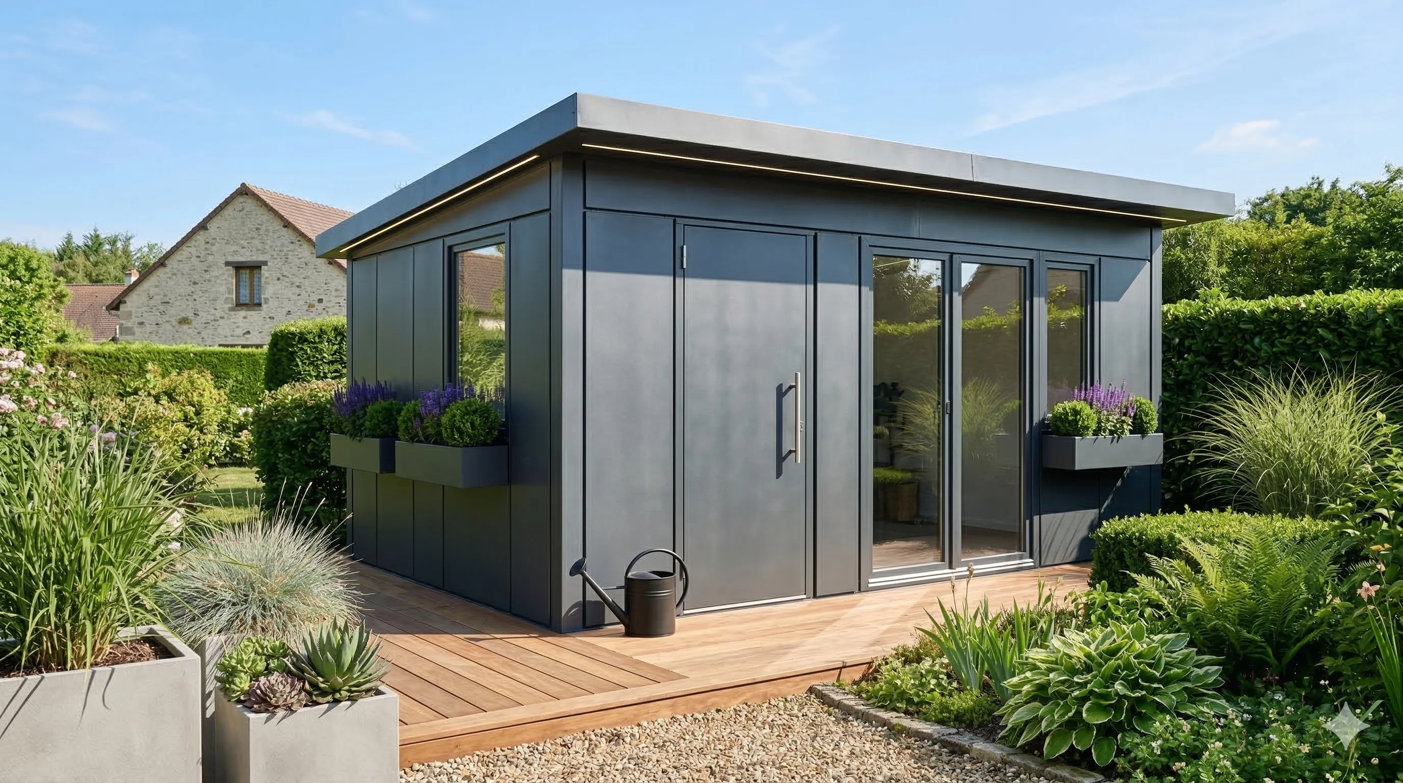 Abri de jardin en acier galvanisé gris anthracite dans un jardin moderne