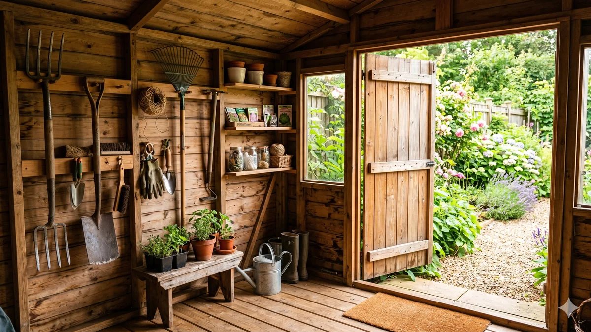Intérieur d'un abri de jardin en bois avec plancher en bois traité installé