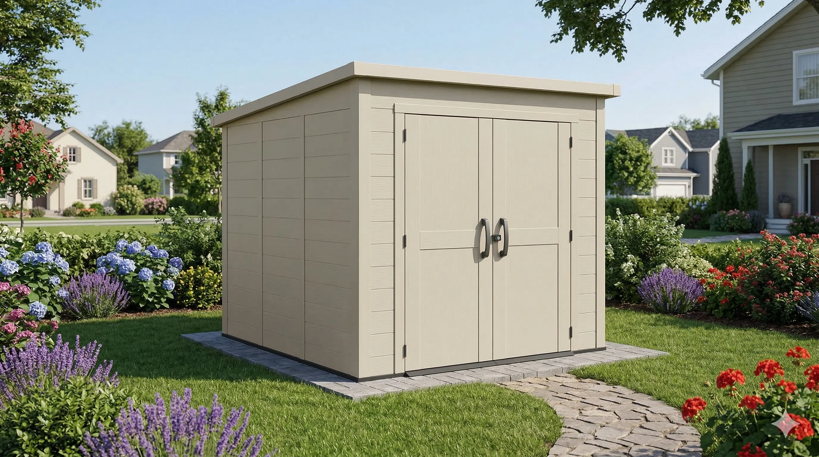 Abri de jardin en résine beige dans un jardin bien entretenu