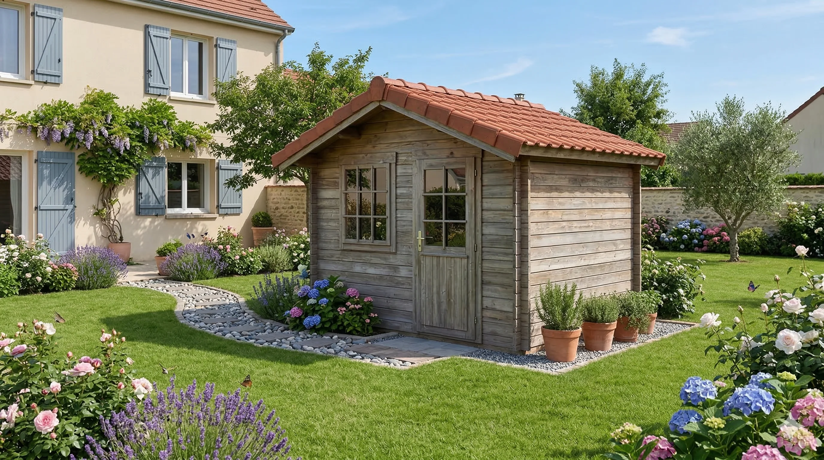 Abri de jardin en bois installé dans un jardin résidentiel sans permis de construire