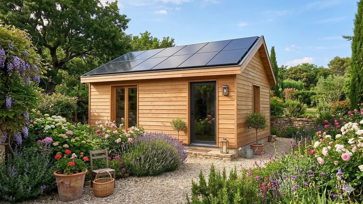 Abri de jardin avec panneaux solaires intégrés dans la toiture