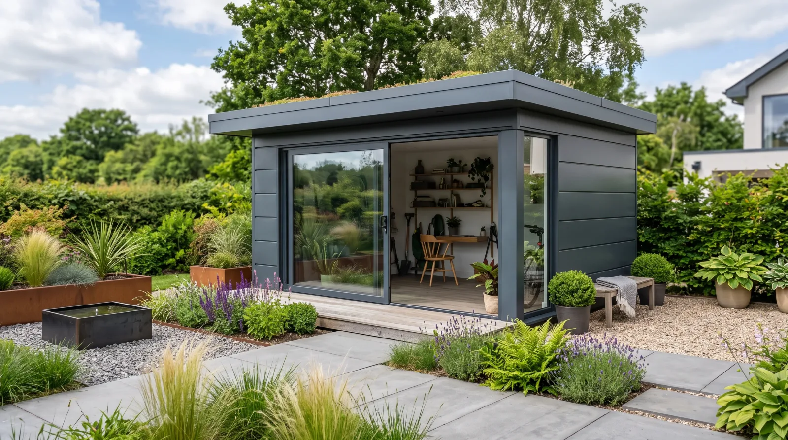 Abri de jardin design à toit plat en aluminium anthracite dans un jardin contemporain
