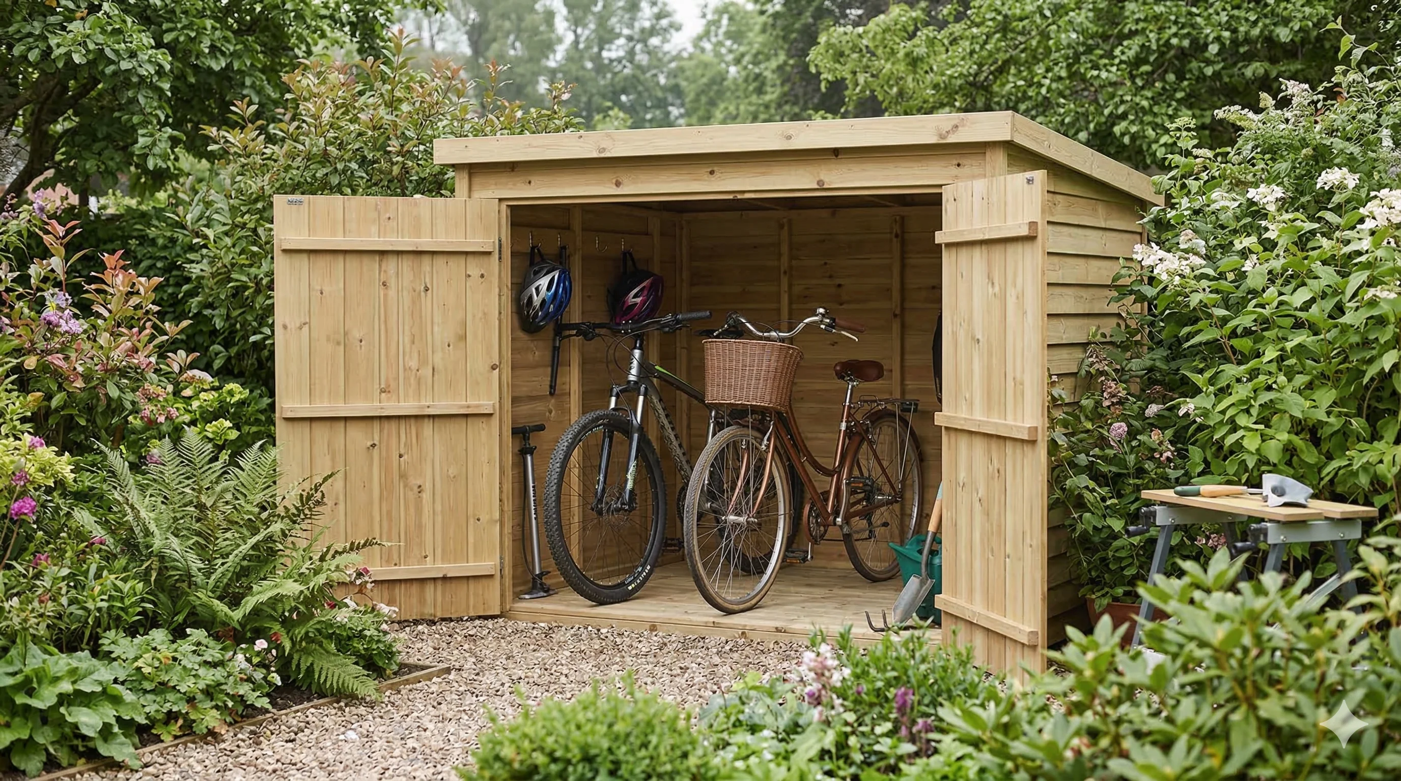Abri vélo en bois avec deux vélos rangés dans un jardin