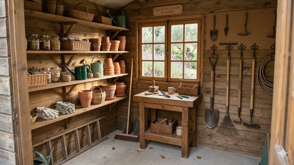 Intérieur bien organisé d'un abri de jardin avec étagères, crochets et outils rangés