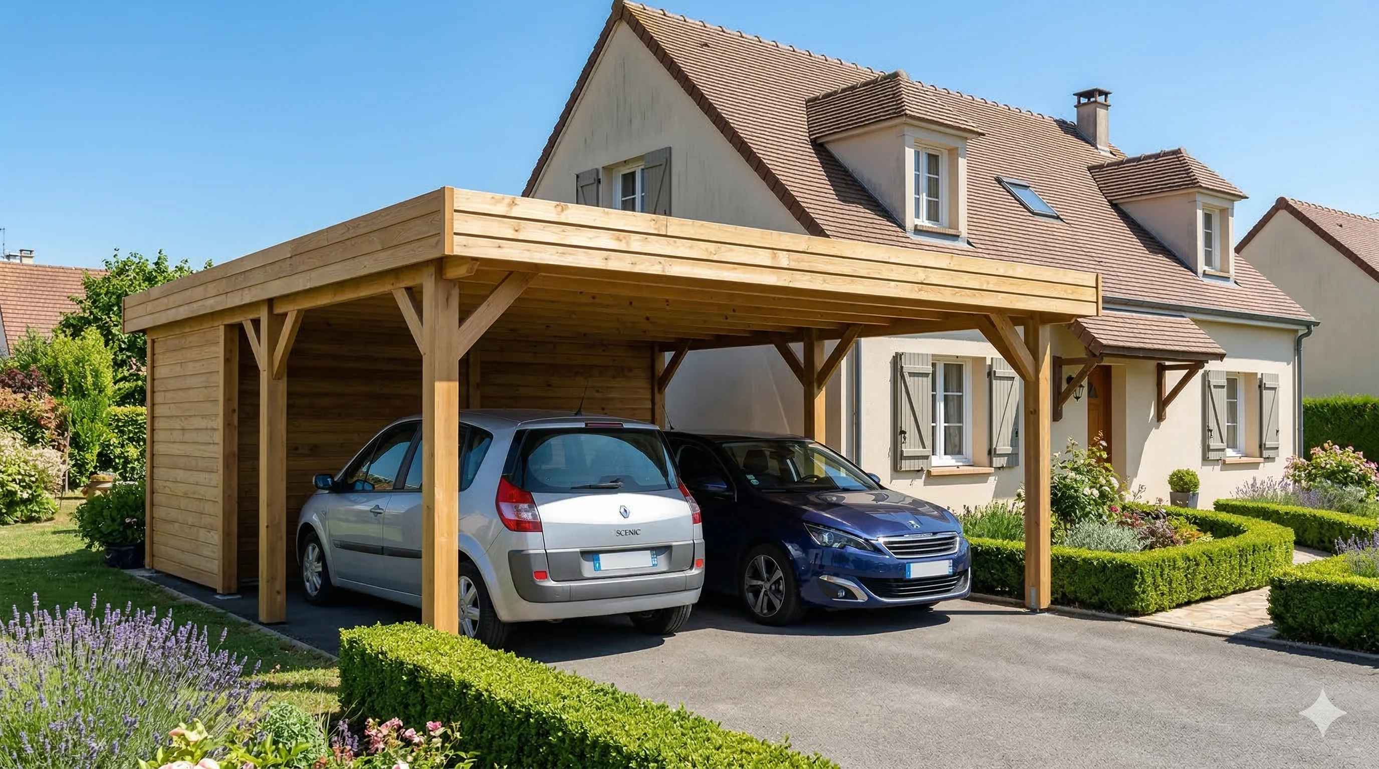 Carport en bois moderne avec deux voitures garées dans un jardin pavillonnaire