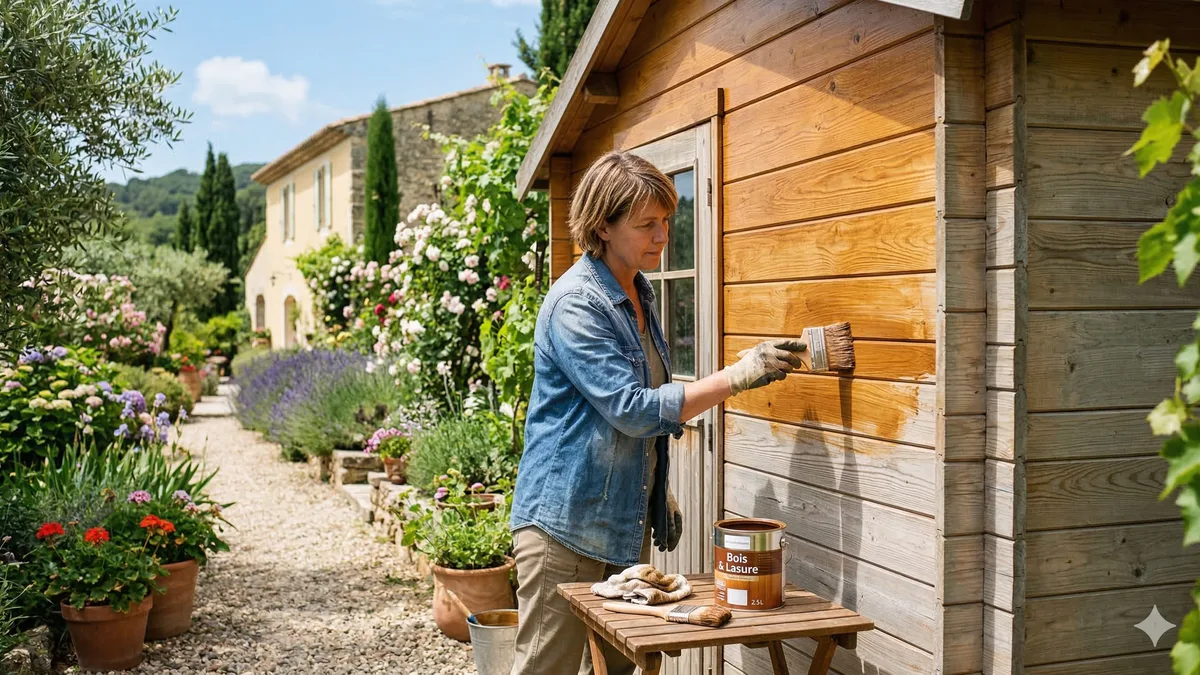 Application de lasure sur un abri de jardin en bois avec un pinceau large
