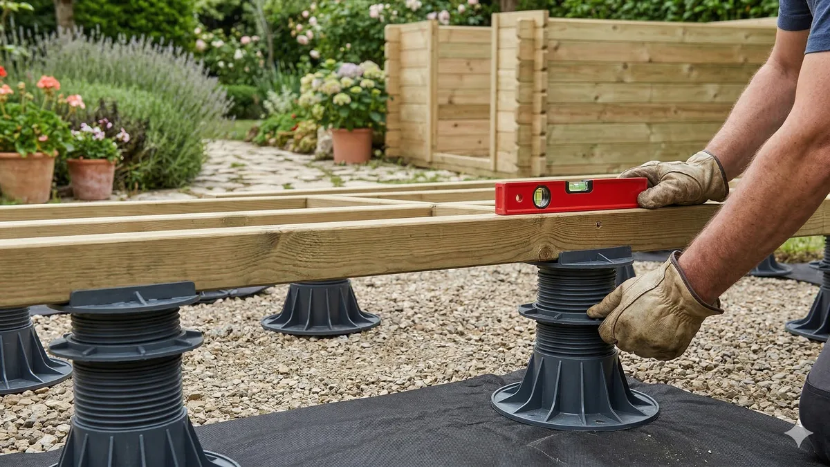 Pose de plots réglables pour la fondation d'un abri de jardin en bois