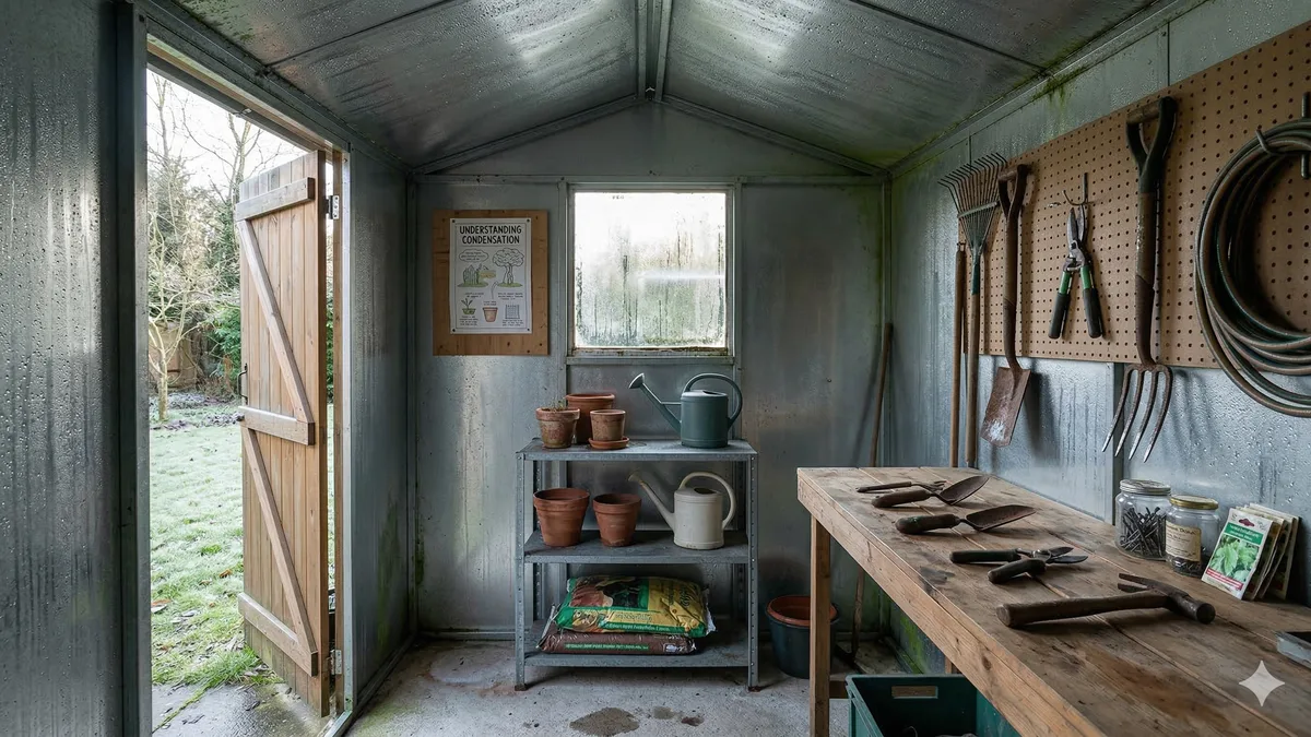 Intérieur d'un abri de jardin avec condensation et traces d'humidité sur les parois