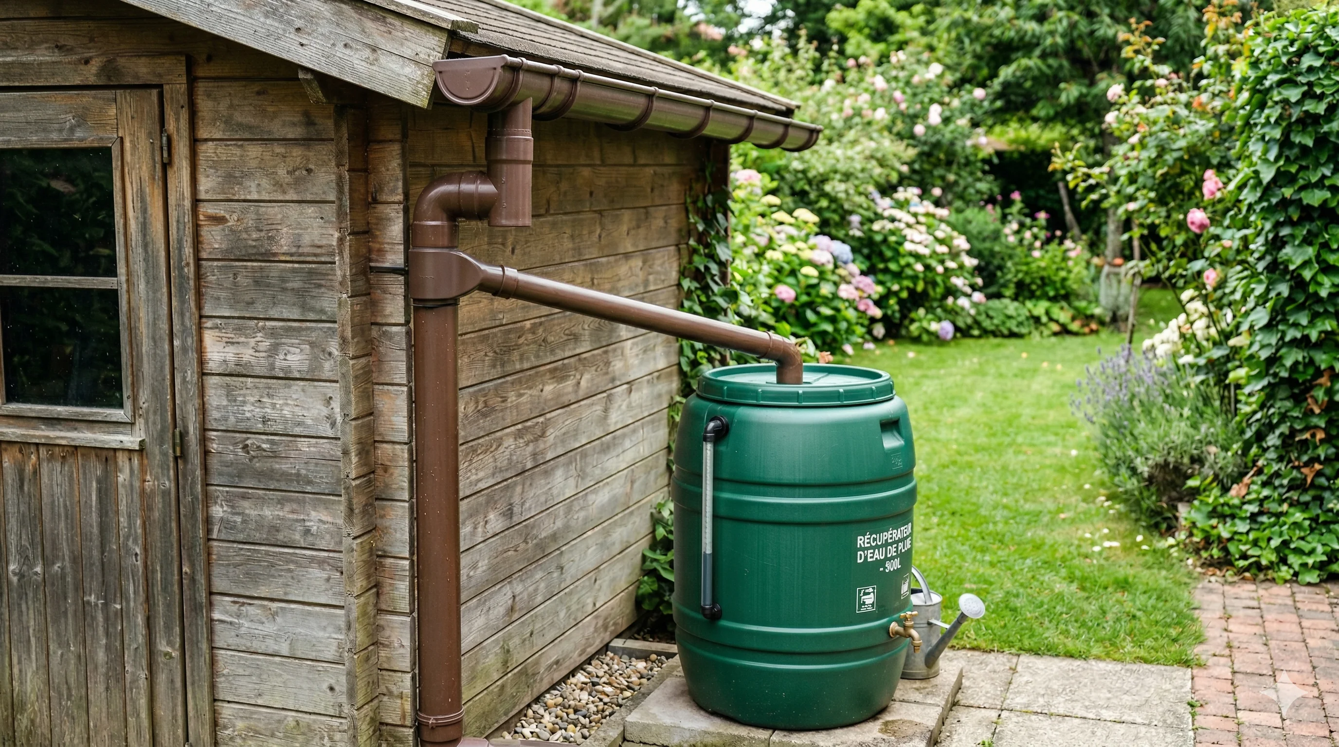 Cuve de récupération d'eau de pluie reliée à la gouttière d'un abri de jardin en bois