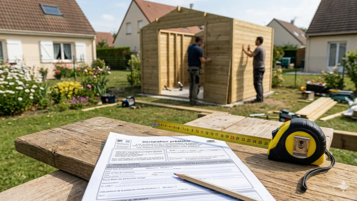 Abri de jardin installé dans un jardin résidentiel avec document administratif de déclaration préalable