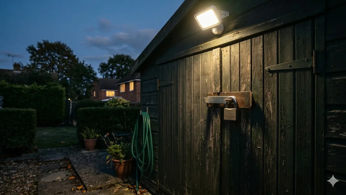 Cadenas de sécurité sur la porte d'un abri de jardin en bois la nuit